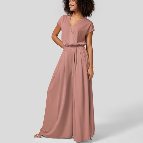 V Neck Short Sleeve Plicated Side Pocket Wide Leg Flowy Waffle Casual Jumpsuit - Picture 1 of 1
